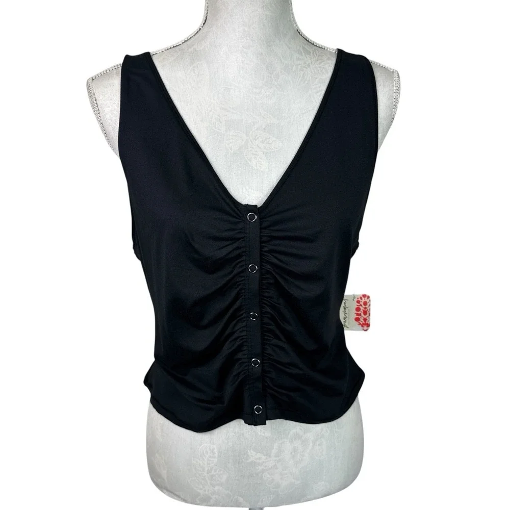 Free People‎ Movement Women's XL Racerback Front Snap Ruched Tank Black NWT